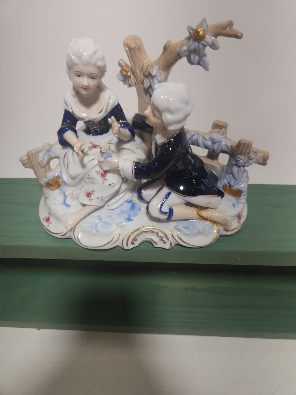Vintage KPM Porcelain Courting Couple Figurine Romantic Scene Blue White Gold 7"